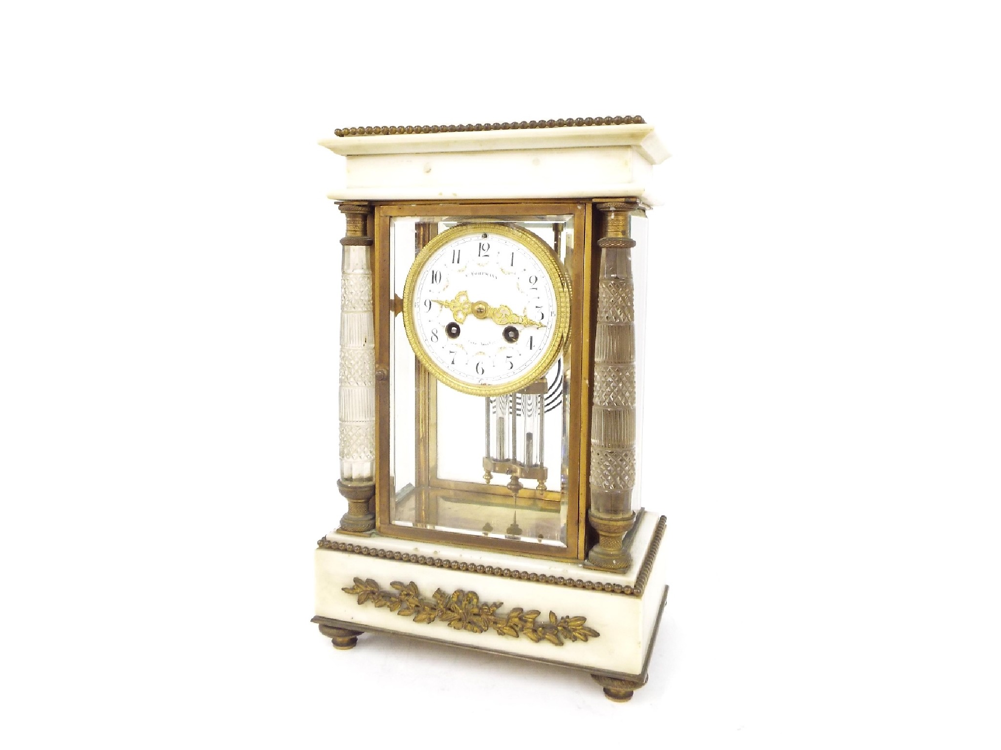 Appraisal: White marble four glass two train mantel clock striking on