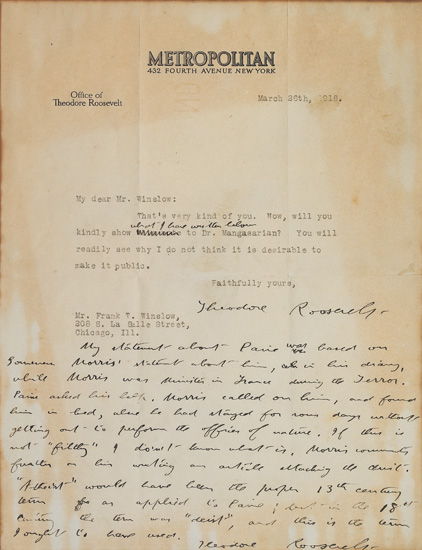 Appraisal: DEFENSE AGAINST CHARGE OF MALIGNING THOMAS PAINE ROOSEVELT THEODORE Typed