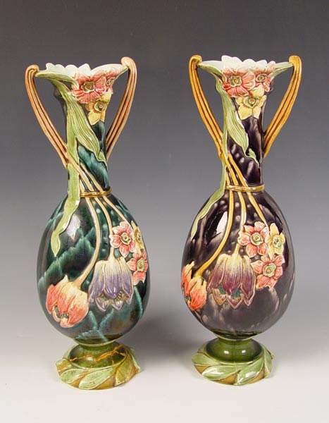 Appraisal: FRENCH MAJOLICA VASE Art Nouveau floral design Sold with a