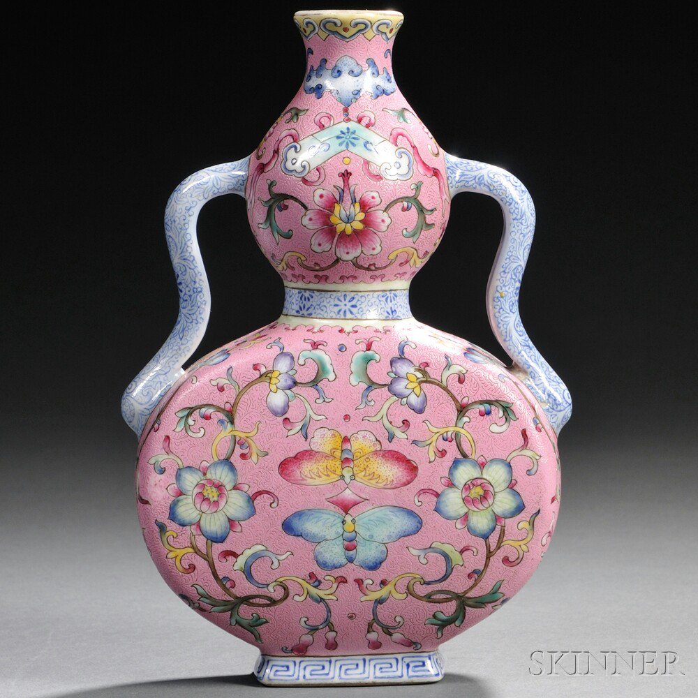 Appraisal: Famille Rose Pink-ground Double Gourd Vase China with a globular