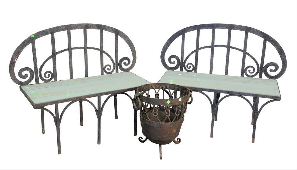 Appraisal: Three Piece lot to include a pair of iron benches