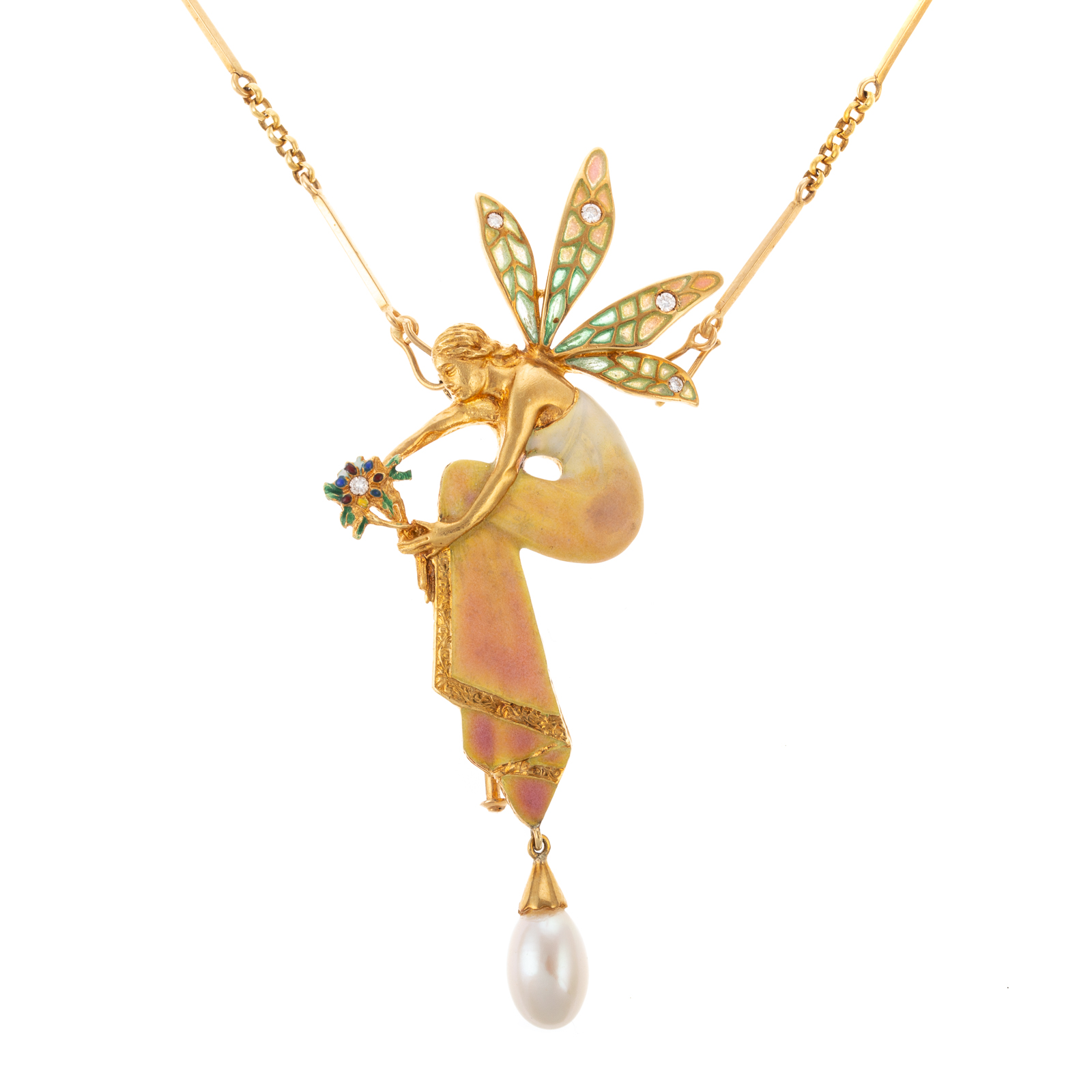 Appraisal: A PLIQUE-A-JOUR ENAMEL NYMPH NECKLACE IN K K yellow gold