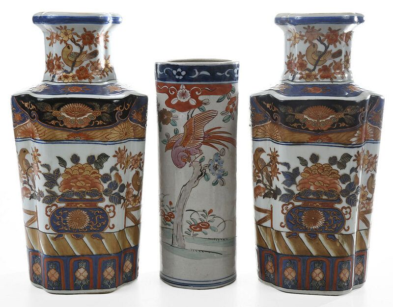 Appraisal: Three Imari Porcelain Vases pair Japanese probably Meiji period lobed