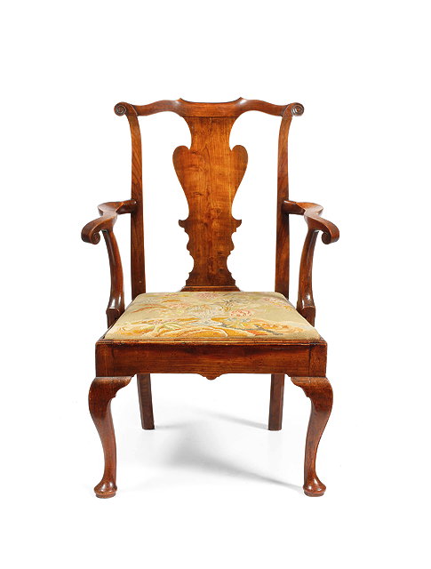 Appraisal: A GEORGE III ELM OPEN ARMCHAIR with scrolling cresting rail