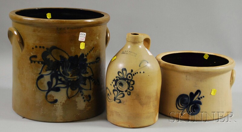 Appraisal: Cobalt-decorated Stoneware Jug and Two Crocks a J E Norton