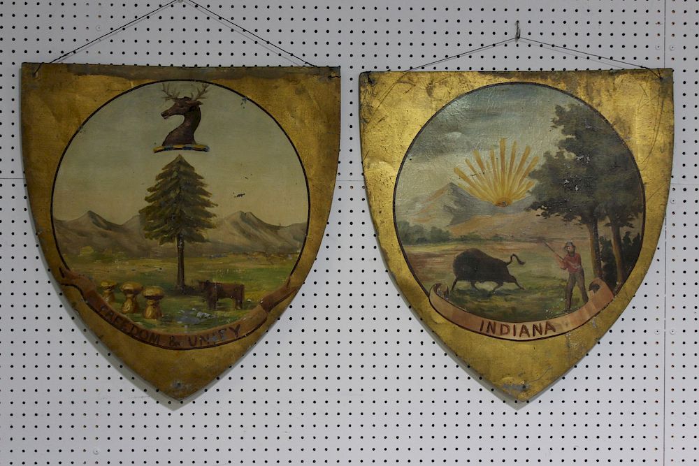 Appraisal: Pair of Hand Painted Indiana Metal Shields these were decoration