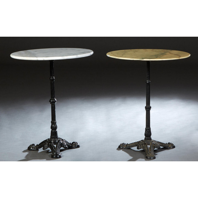 Appraisal: Pair of French Cast Iron Marble Top Bistro Tables the