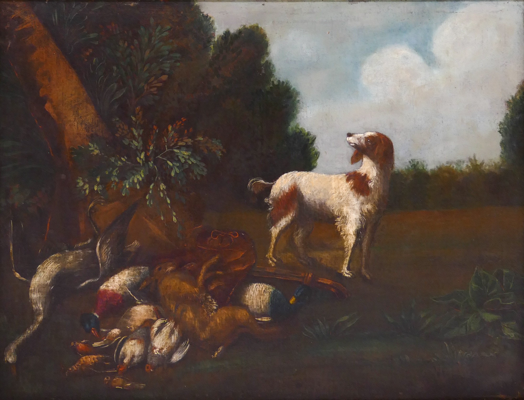 Appraisal: th Century American Hunt Scene Oil Painting with Spaniel Canvas