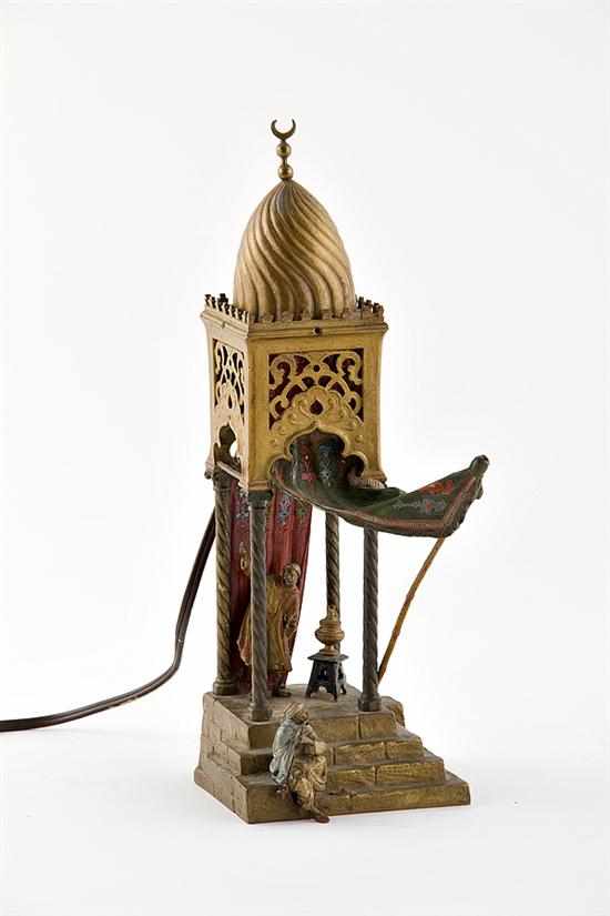 Appraisal: Bergman Orientalist cold-painted bronze lamp Franz Xavier Bergman - tent