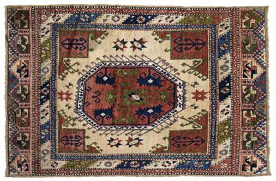 Appraisal: Turkish rug central medallion with hook borders on ivory field