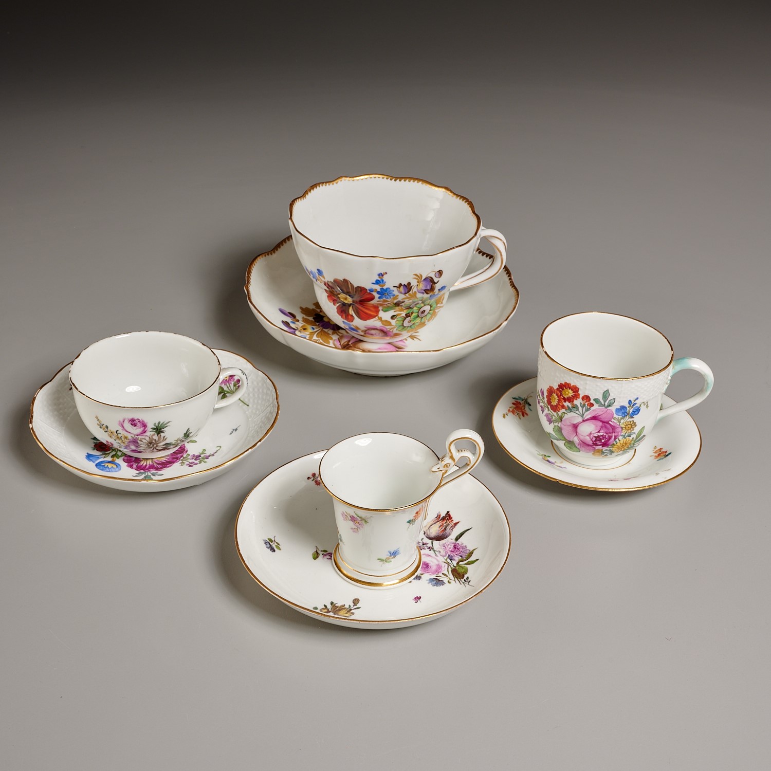 Appraisal: MEISSEN FLORAL CUPS AND SAUCERS th th c German various