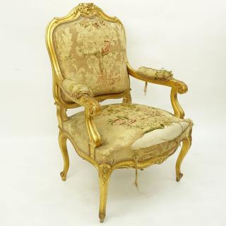 Appraisal: Louis XV Style Giltwood Upholstered Fauteuil Louis XV Style Giltwood