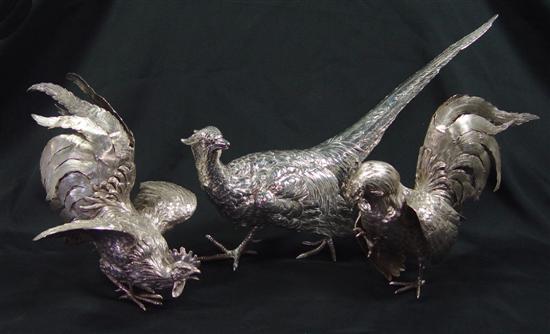 Appraisal: Group of Silver Pheasant Rooster Ornaments Includes pair of high