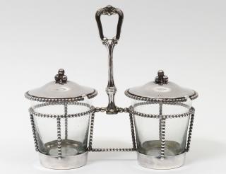 Appraisal: CAMUSO STERLING SILVER CONDIMENT STAND Italian Supporting two glass jars