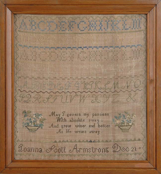 Appraisal: NEEDLEWORK SAMPLER BY JOANNA SCOTT ARMSTRONG Colorful sampler has six