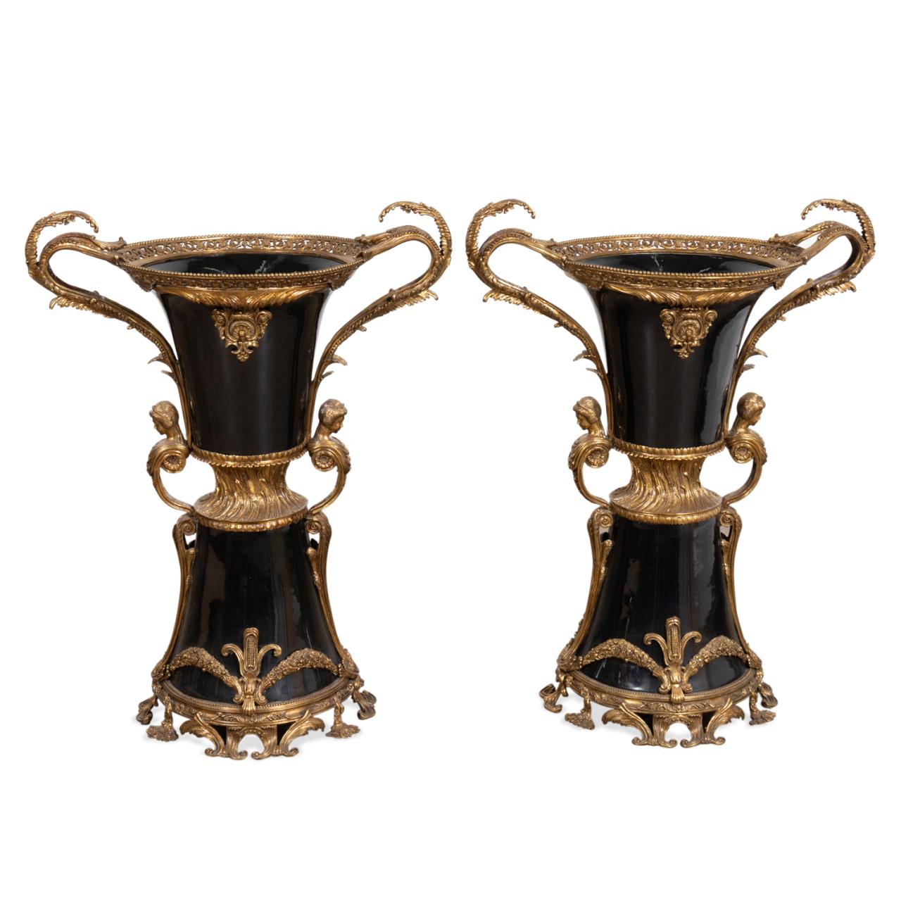 Appraisal: PAIR LOUIS XVI STYLE BLACK BRONZE MOUNTED URNS Pair of