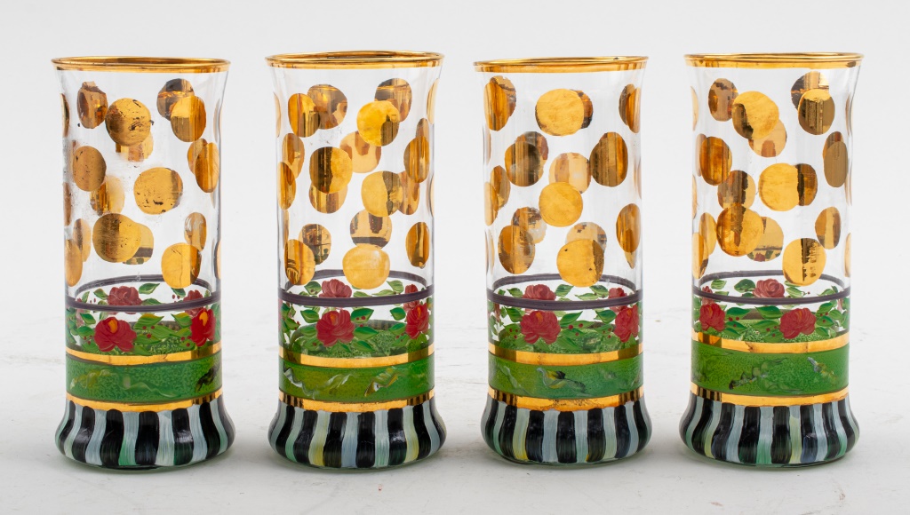 Appraisal: MACKENZIE-CHILDS HAND-PAINTED GLASSES Four MacKenzie Childs hand-painted glass with a