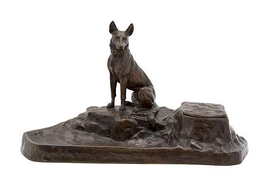 Appraisal: A Bronze Inkwell with a German Shepherd Sculpture Height x