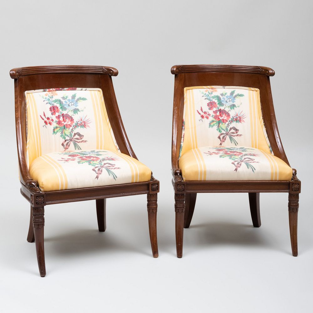 Appraisal: Pair of Small Empire Mahogany Chaises en Gondole Upholstered in