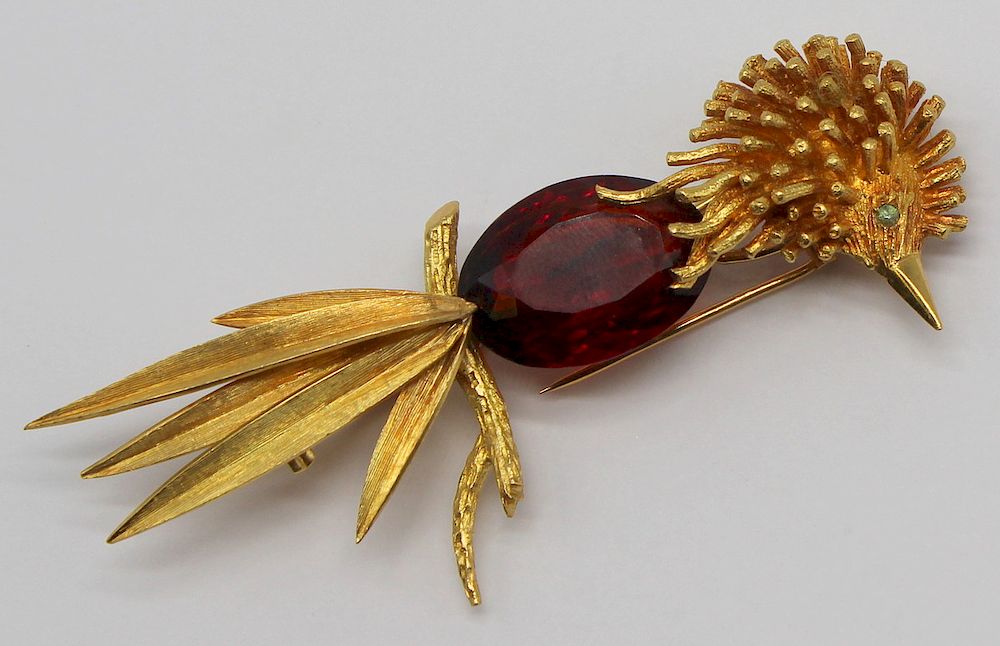 Appraisal: JEWELRY Signed High Karat Gold Garnet and Peridot Bird Brooch