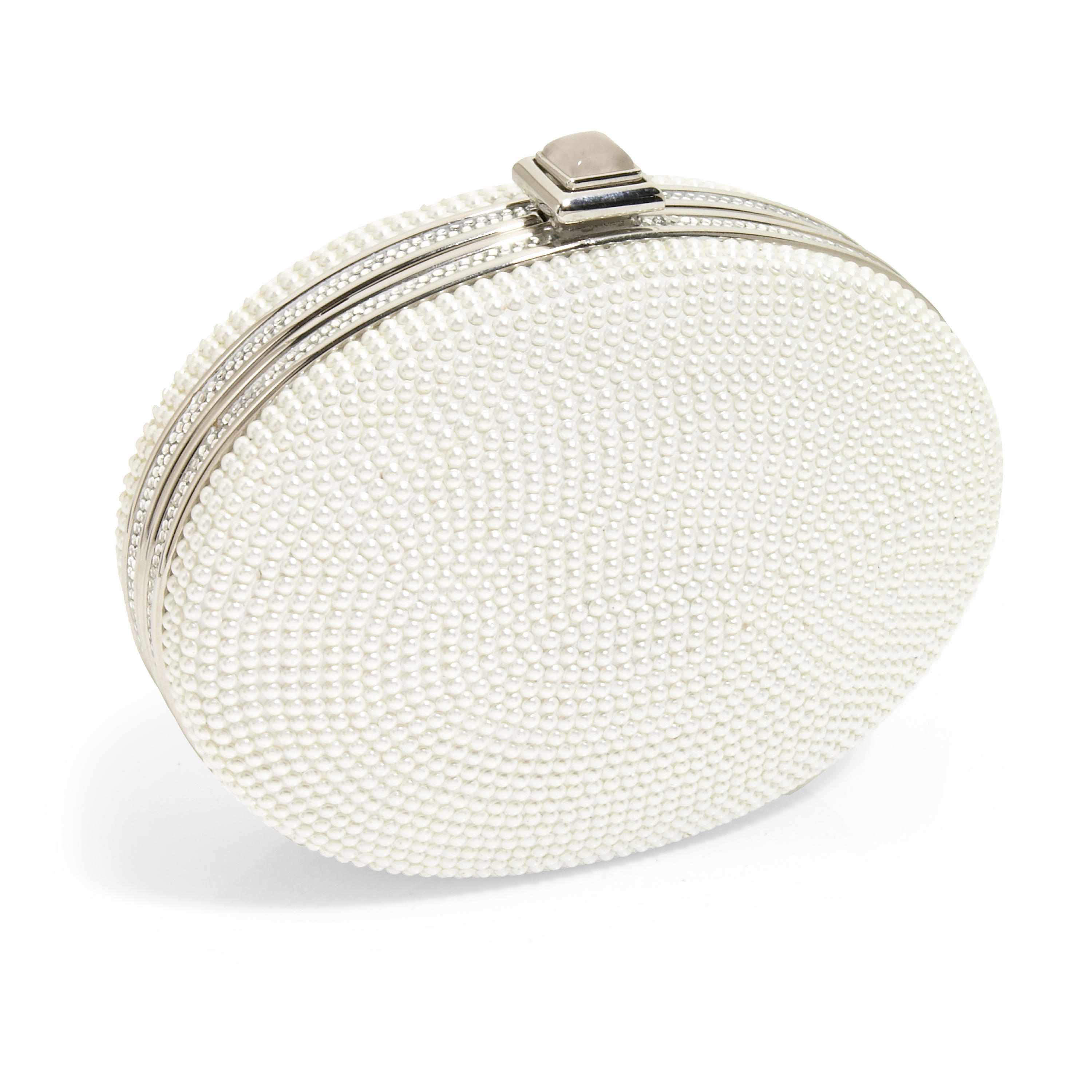 Appraisal: An oval-shaped white bead and silver crystal purse interior with