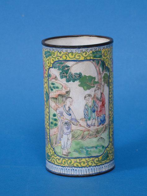 Appraisal: A CANTON ENAMEL CYLINDRICAL VASE reserved with two panels of