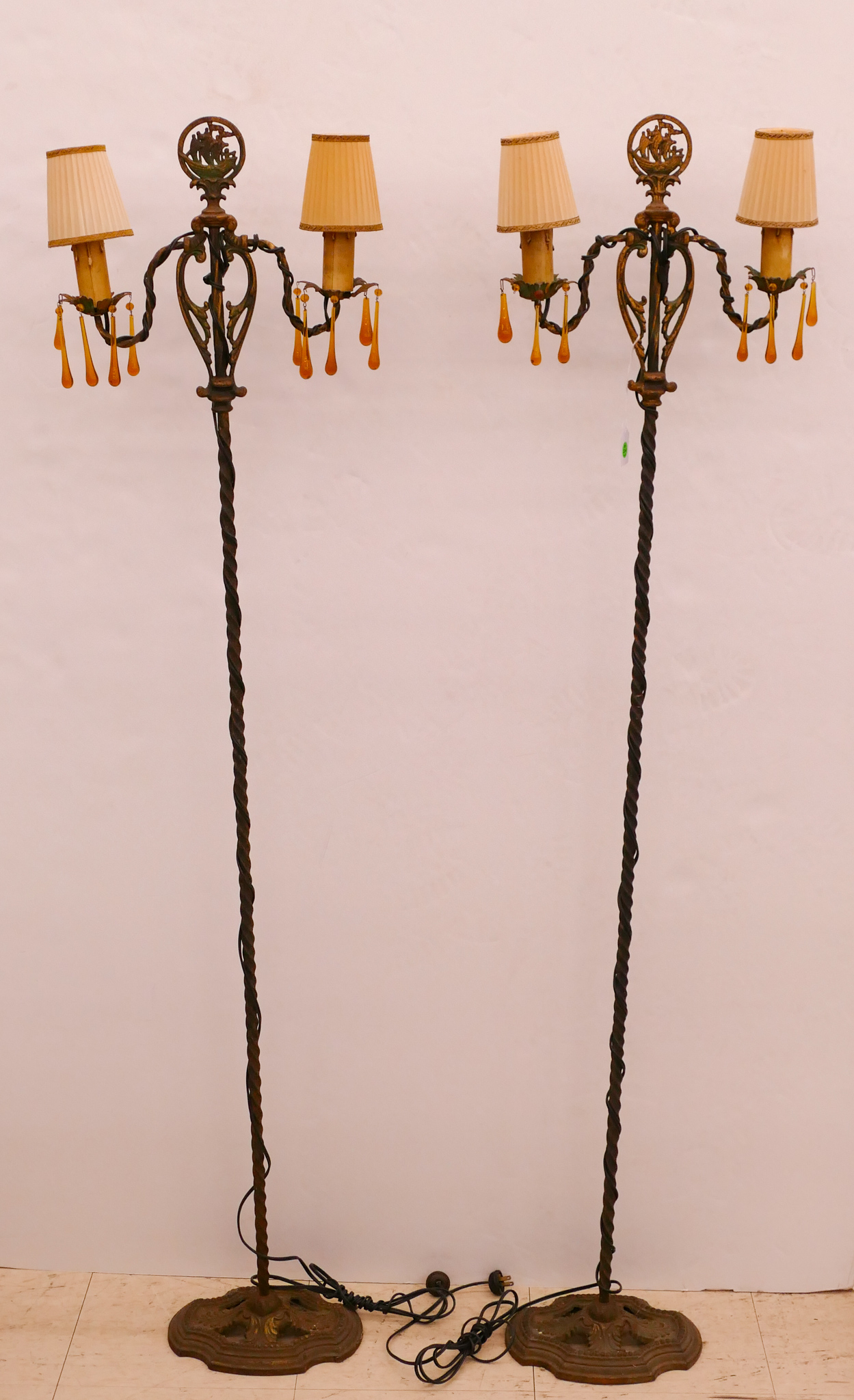 Appraisal: Pair Art Deco Cast Iron Double Floor Lamps with Ship