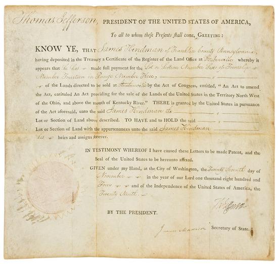 Appraisal: PRESIDENTS -- JEFFERSON Thomas and James MADISON Partly-printed document signed