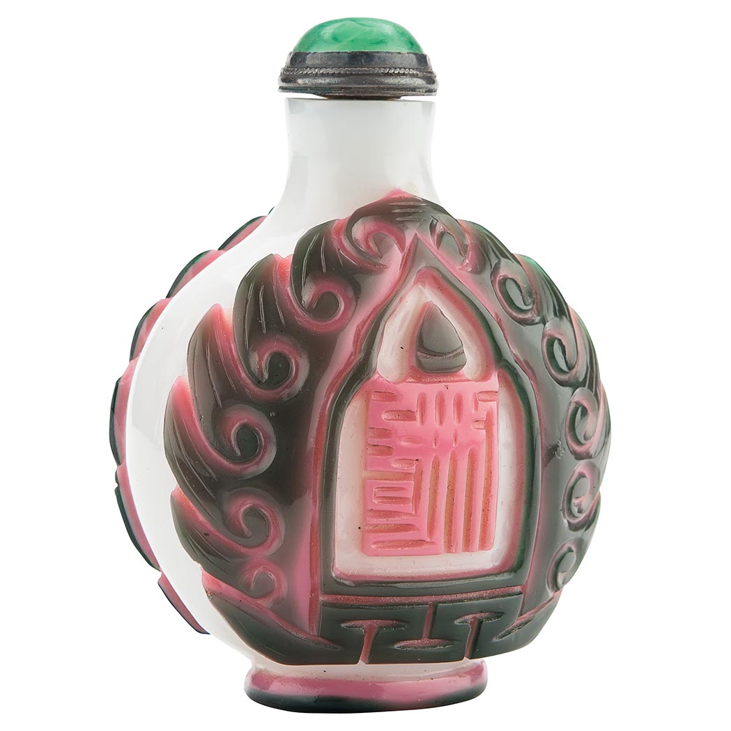 Appraisal: Chinese Green and Pink Double Overlay Glass Snuff Bottle Qing