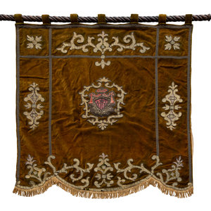 Appraisal: A French Embroidered Velvet Armorial Wall Hanging TH CENTURY on