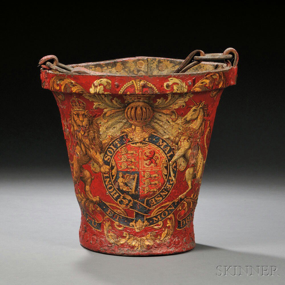 Appraisal: English Leather Fire Bucket th century the red-painted bucket depicting