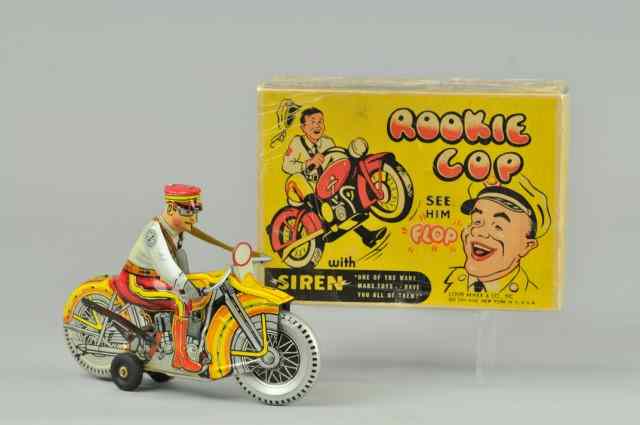 Appraisal: BOXED MARX ''ROOKIE COP'' Lithographed tin colorful cycle with suited