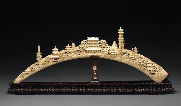 Appraisal: A large pieced ivory landscape tusk th Century Intricately worked