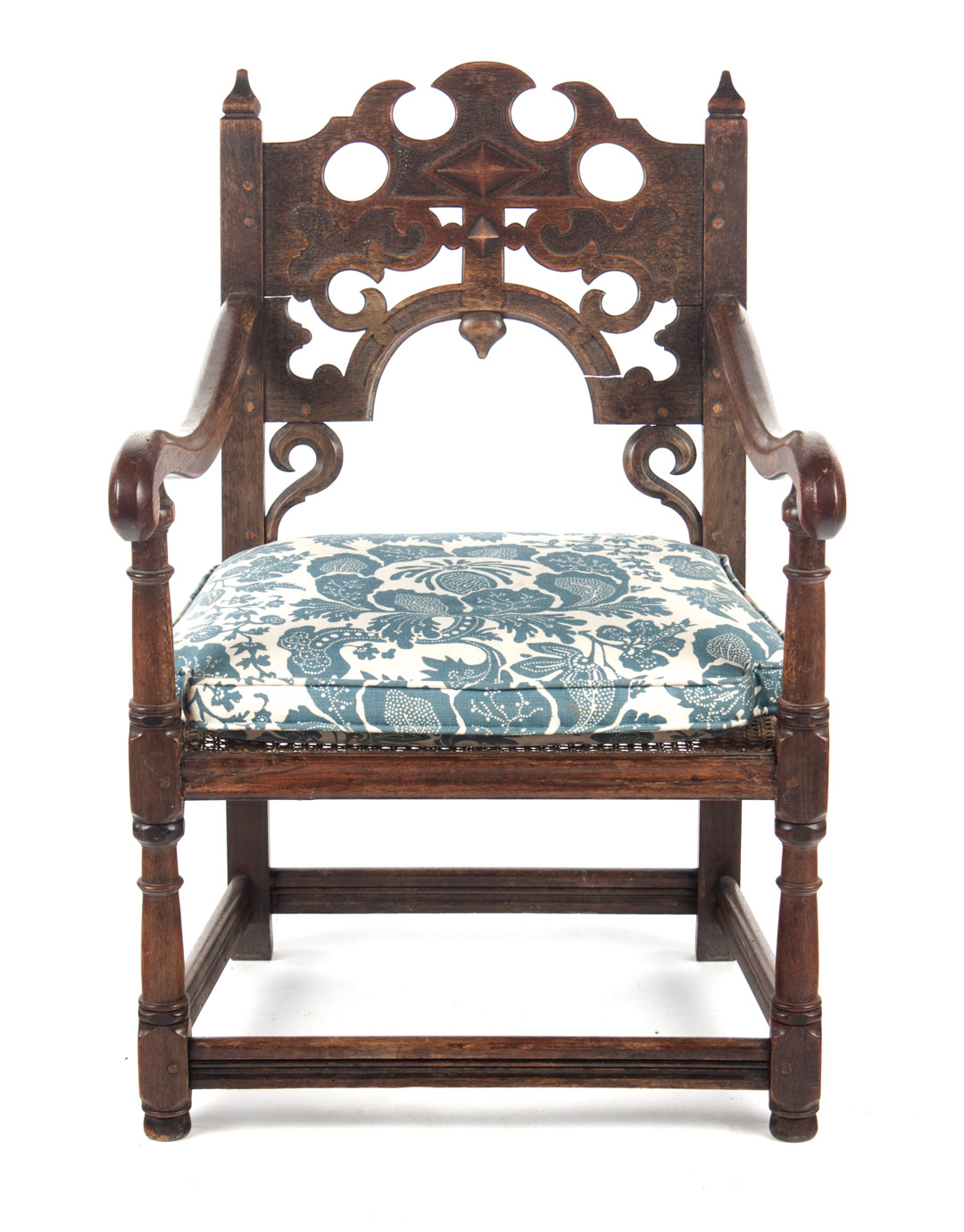 Appraisal: Jacobean style oak armchair first half- th century carved pierced