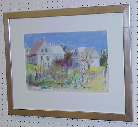 Appraisal: Pastel on paper semi abstract landscape featuring a house and