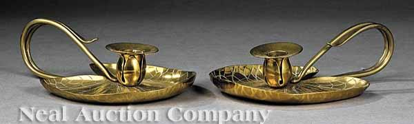 Appraisal: A Pair of Art Nouveau Brass Lilypad Chambersticks late th