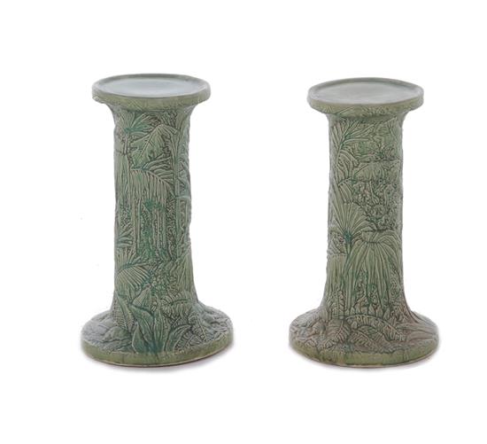 Appraisal: Pair Weller Marvo green-glaze art pottery pedestals early th century