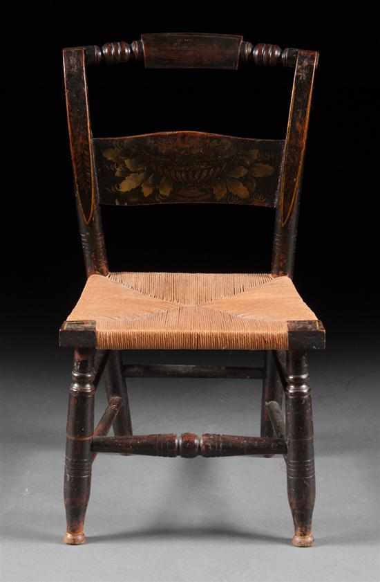 Appraisal: American Classical fancy painted wood miniature rush-seat side chair th