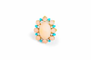 Appraisal: A Gold Coral Diamond and Turquoise Ring A Gold Coral