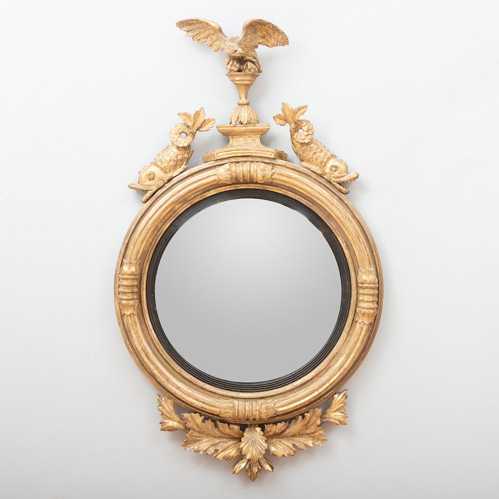 Appraisal: George III Giltwood and Ebonized Convex Mirror The central mirror