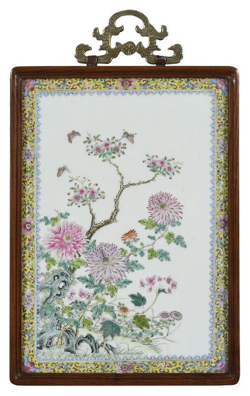 Appraisal: Chinese Famille Rose Enameled Porcelain Plaque Qing dynasty lush garden