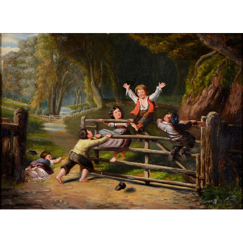 Appraisal: English School Children Playing on a Gate oil on board