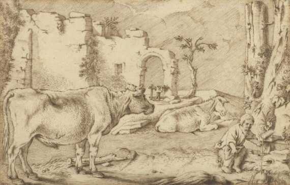 Appraisal: SCORZA SINIBALDO Voltaggio - Genoa Landscape with animals ruins and