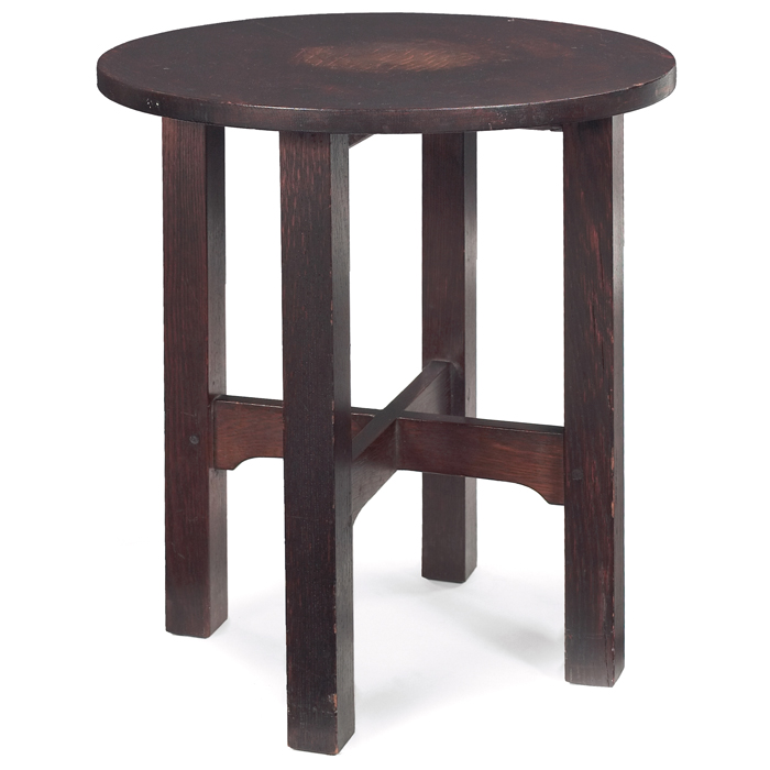 Appraisal: Gustav Stickley tabouret circular top over a notched cross-stretcher base