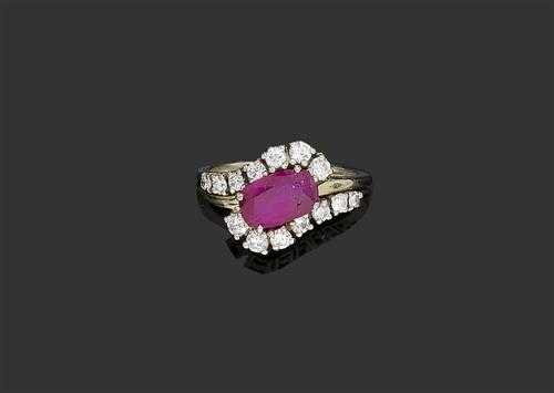 Appraisal: RUBY AND BRILLIANT-CUT DIAMOND RING ca White gold Elegant Crois