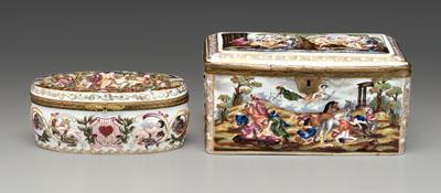 Appraisal: Two Capo-di-monte boxes one oval with classical figures in woodland