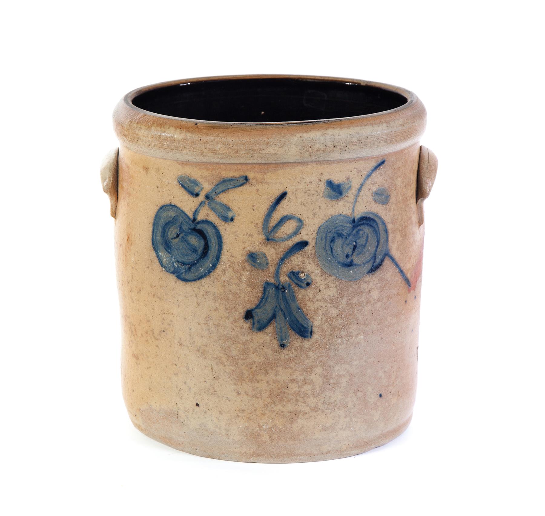 Appraisal: AMERICAN STONEWARE CROCK Second half- th century Brushed cobalt cherries