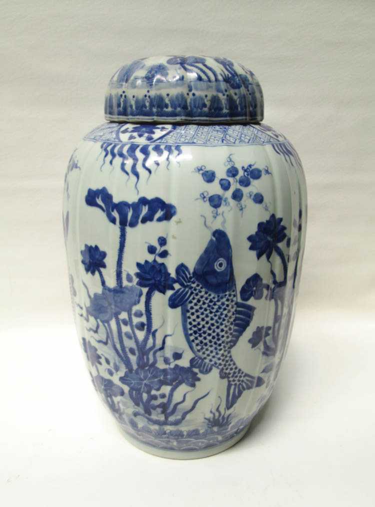 Appraisal: LARGE CHINESE COVERED STORAGE JAR the blue and white porcelain