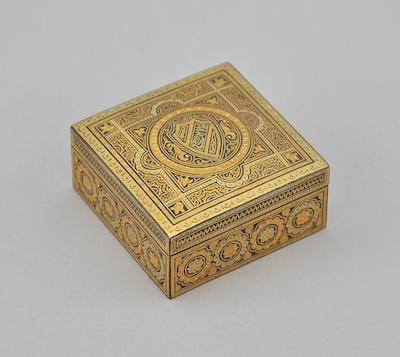 Appraisal: A Signed Two Tone Gold Damascened Box Square shape with