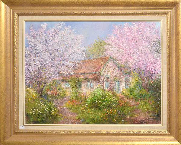 Appraisal: PATRICIA BURKE COTTAGE AND CHERRY BLOSSOMS OIL ON CANVAS SIGND